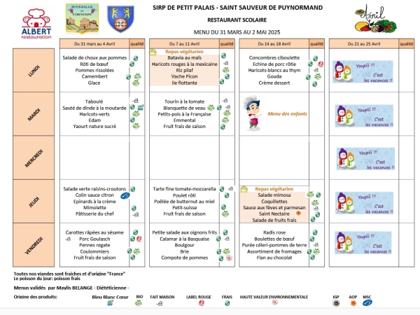 Menus de la cantine - avril  2025