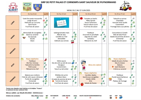 Menus de la cantine - juin  2025